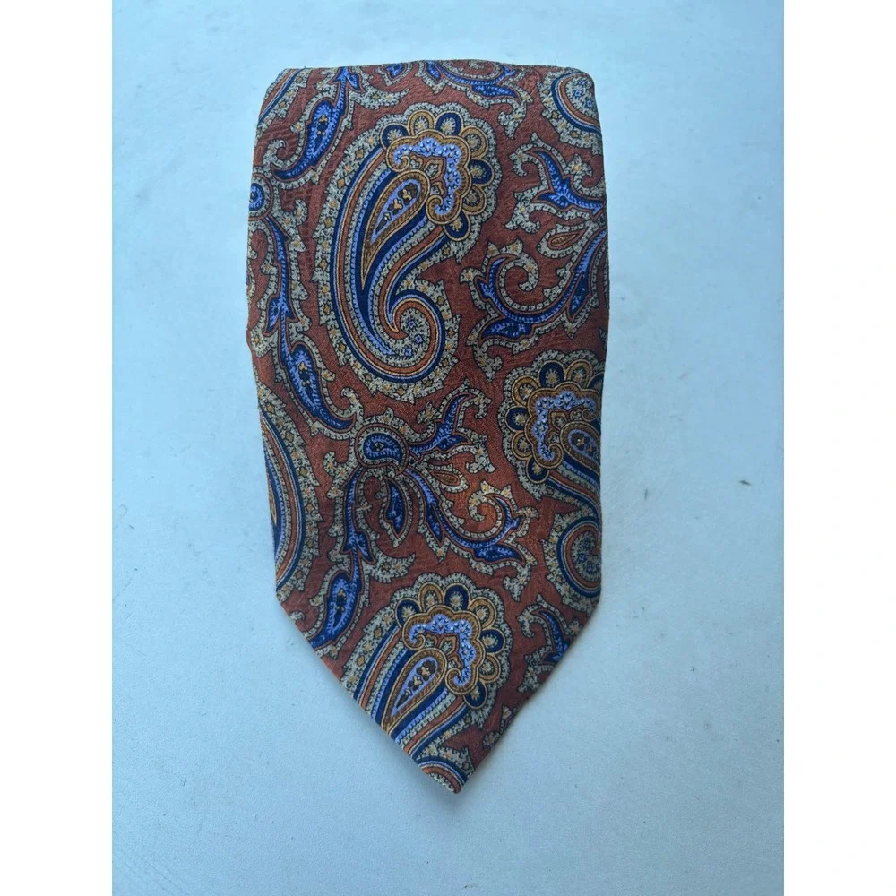 JZ Richards Mens Silk Paisley Necktie Burnt Orange Blue Hand Made‎ in USA